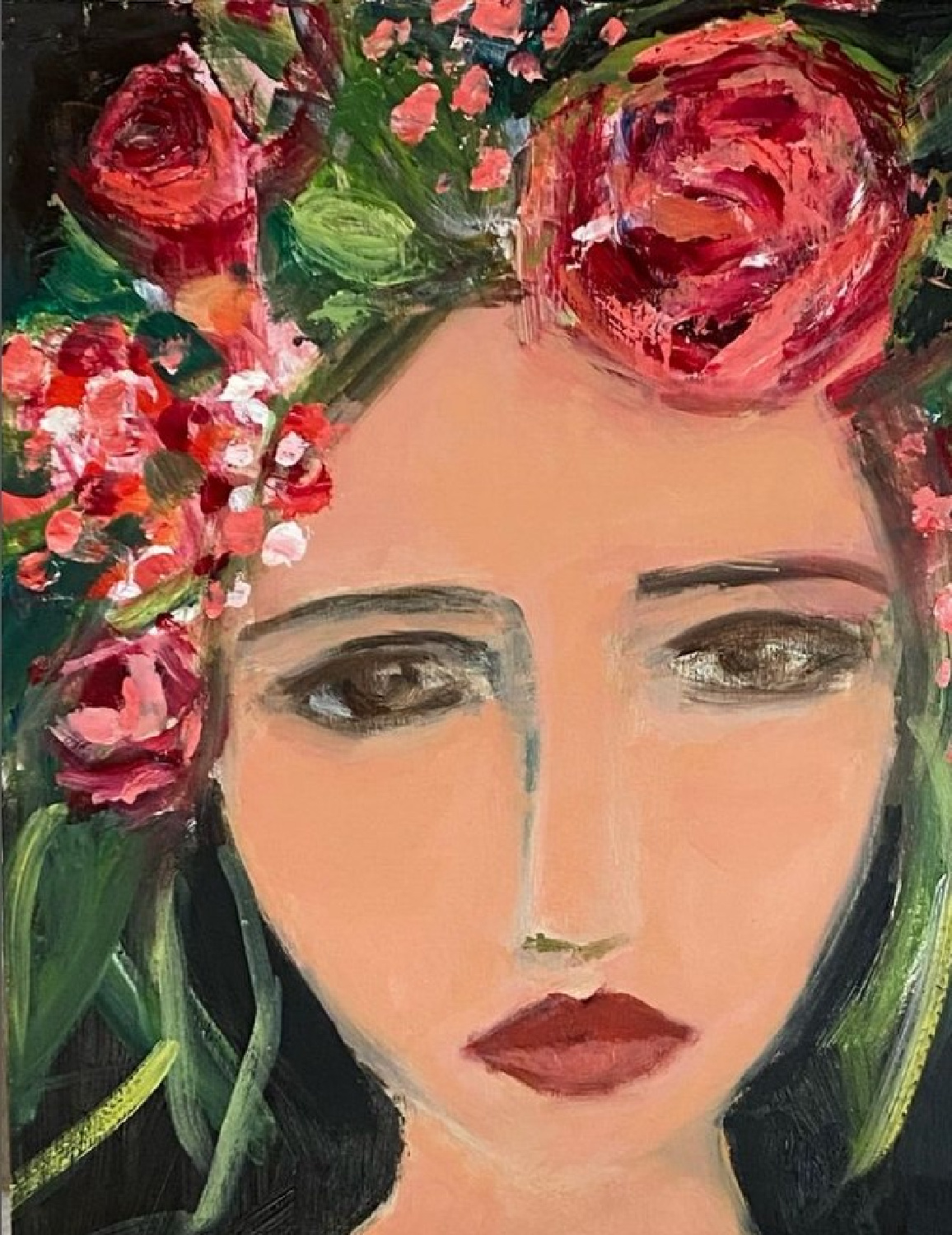 Holly Irwin fine art painting of woman with flowers in hair on Hello Lovely Studio.