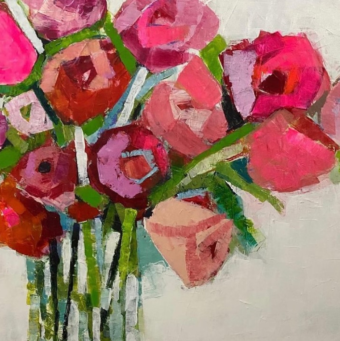 Holly Irwin fine art painting of flowers with pink and red on Hello Lovely Studio.