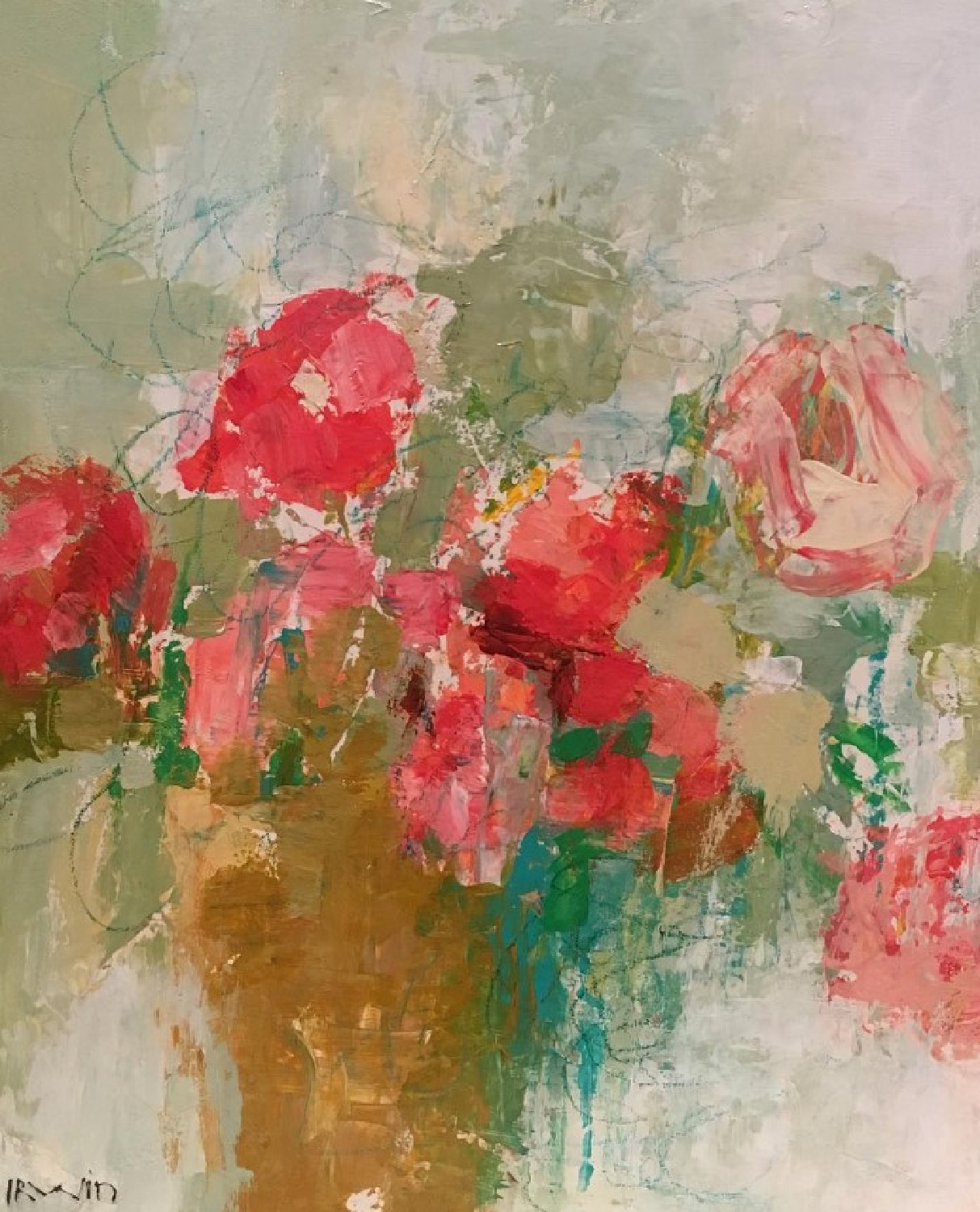Holly Irwin fine art painting of florals with pink and green.