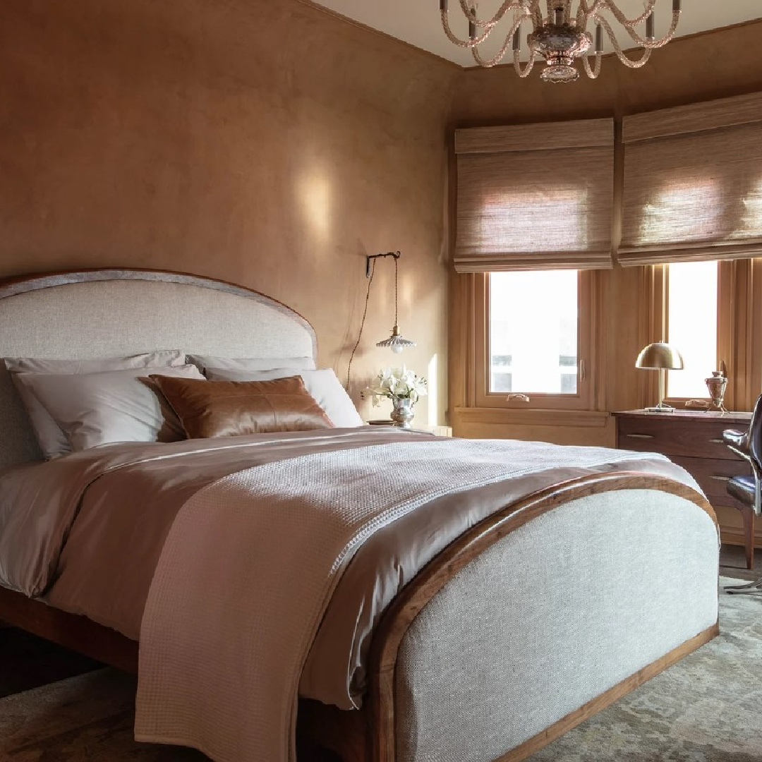 Lone Fox designed guest bedroom with warm caramel walls and tone on tone earthy warmth. #warmmodern