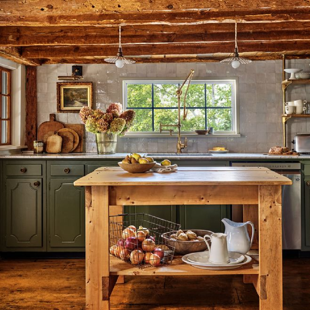 Green kitchen (Behr Mountain Olive) with rustic wood ceiling - photo by Read McKendree for Country Living.