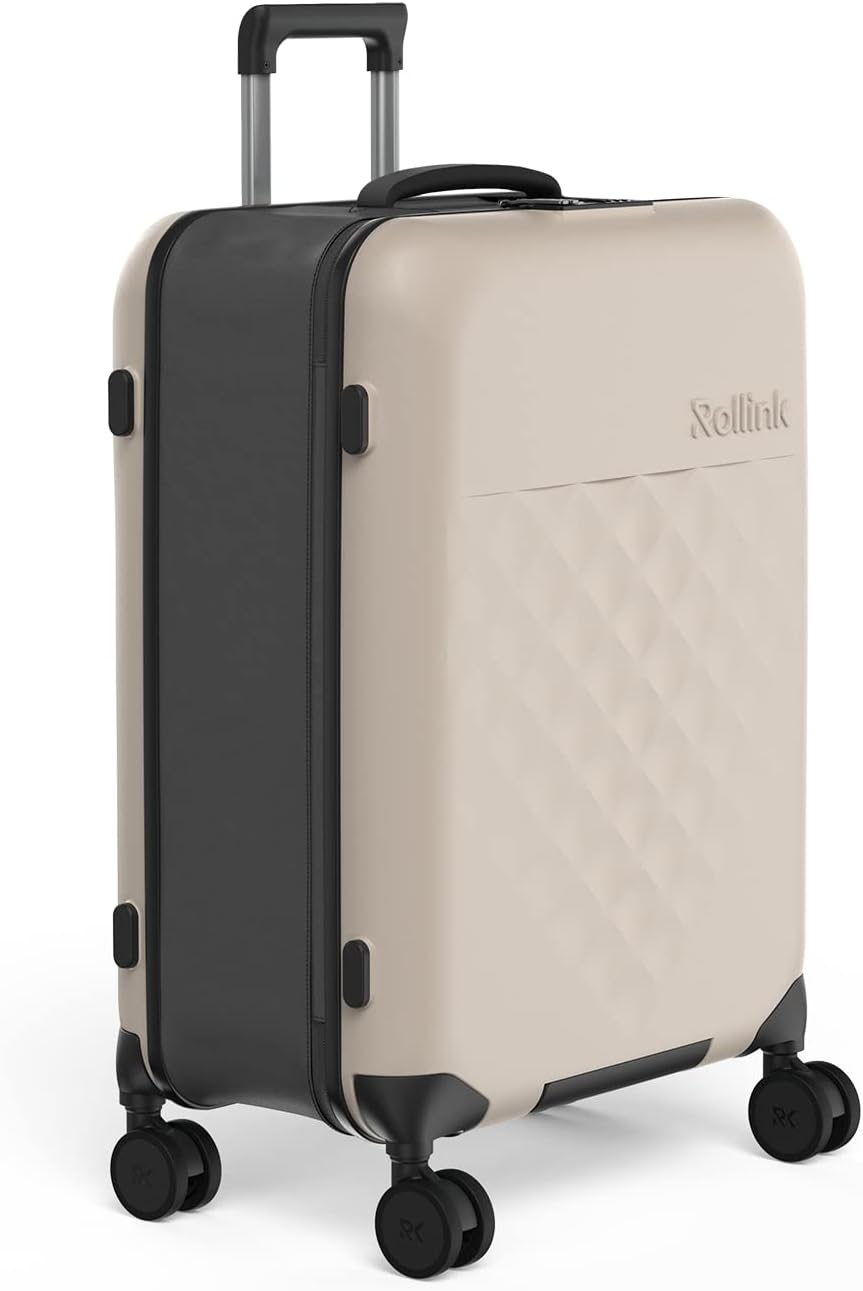 Rollink 22" Collapsible Carry-on Suitcase in warm grey is perfectly lightweight for travel and easily stores under the bed at just 5" thick. Perfectly sized! #carryons #collapsibleluggage #smarttravelideas
