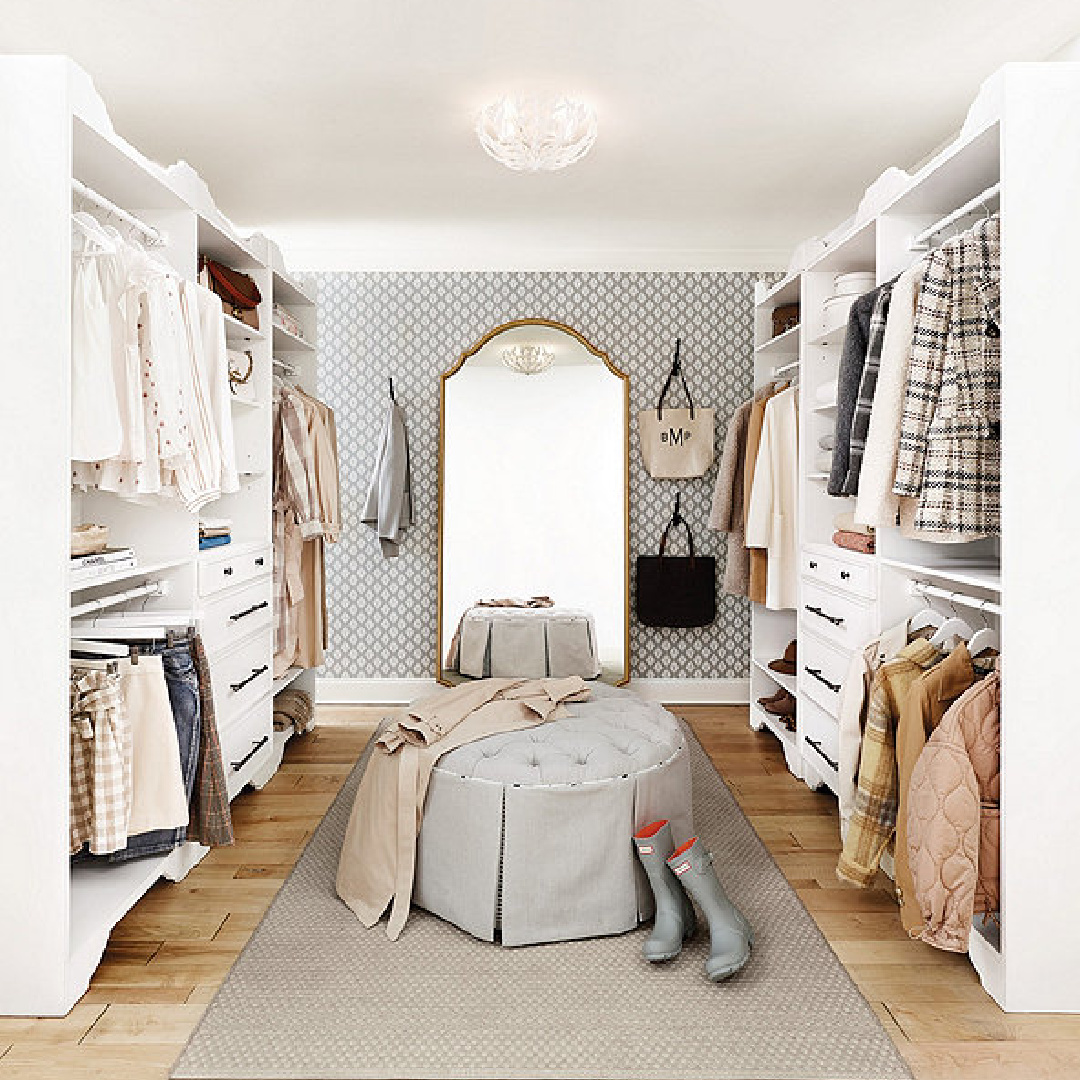 Sarah Storage Tower Drawers and Shelves system in a customized closet dressing room - Ballard Designs.