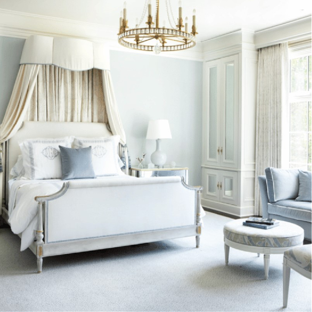 Suzanne Kasler designed bedroom with pale French blue walls in EDITED STYLE. #lightfrenchblue #bluebedrooms #timelessinteriors