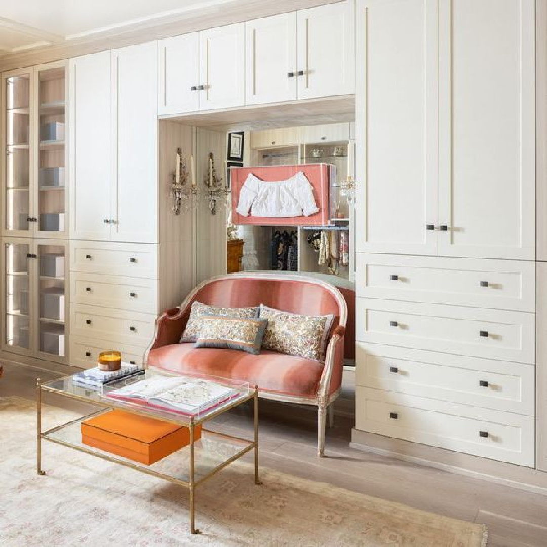 Schooler Kellogg Interiors designed fantasy dressing room closet with settee and Preston Collection from The Container Store in Kips Bay Showhouse 2022.