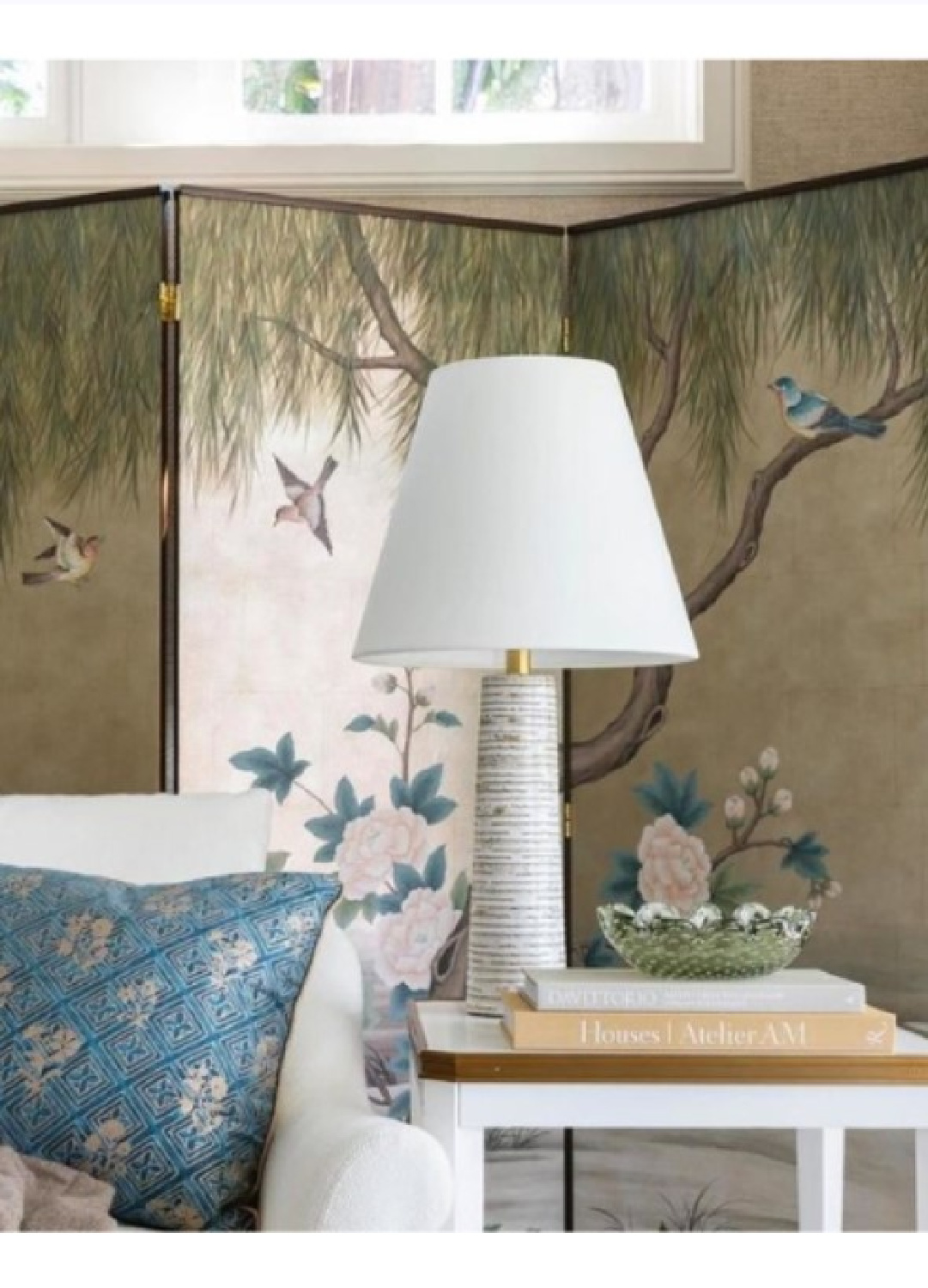 Gates Column Table Lamp (Marie Flanigan for Visual Comfort) in a lovely space with chinoiserie screen.