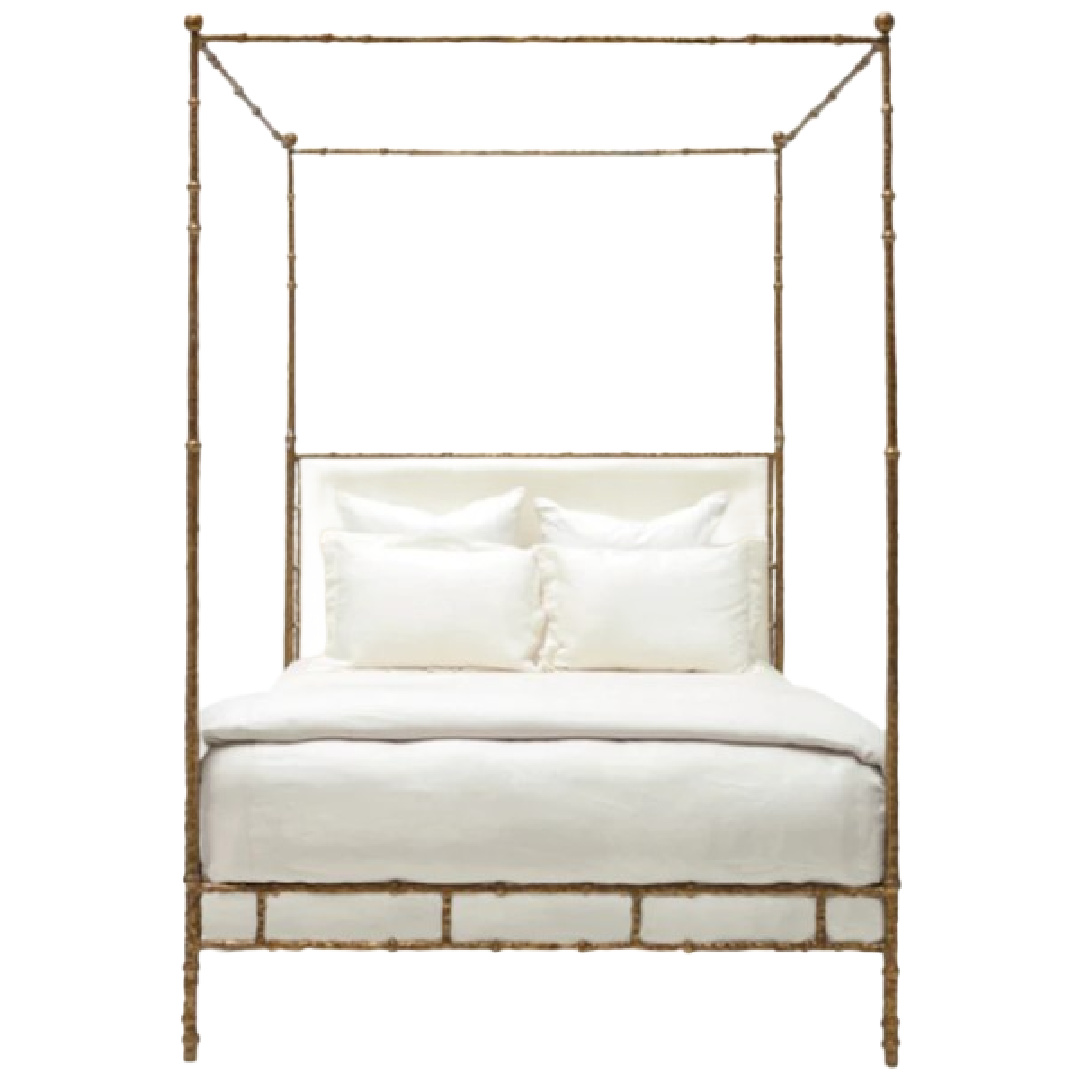 Diego Bed from Alice Lane Home. Antique gold finish with ivory leather. #canopybeds #posterbeds