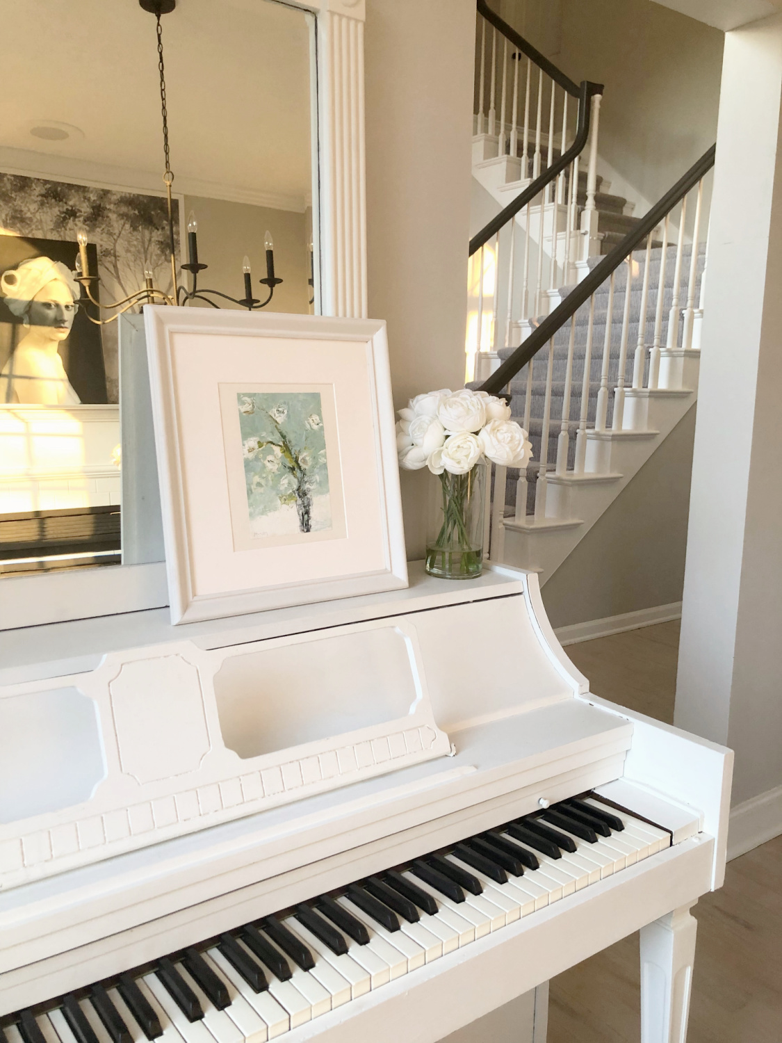 Serene music room with white piano, Holly Irwin painting, and SW Repose Gray walls - Hello Lovely. #reposegray #hollyirwin