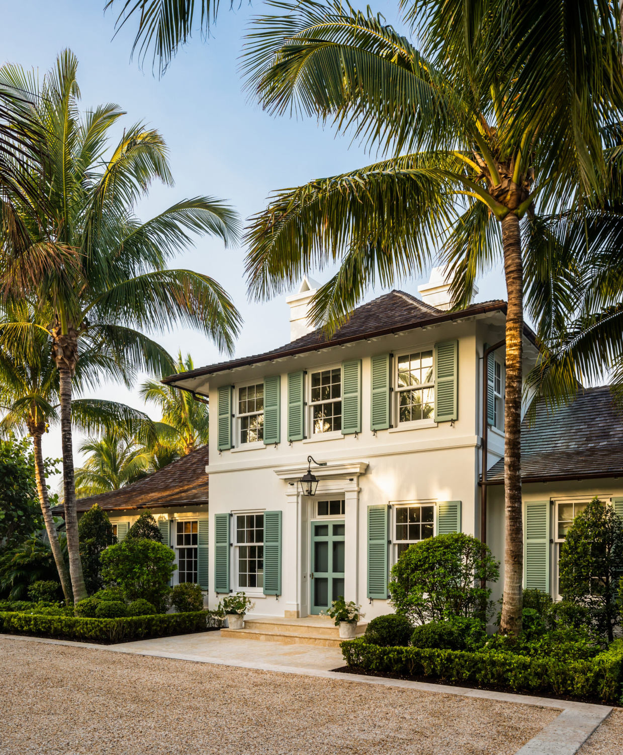 Lovely exterior with green shutters - Gil Schaefer HOME AT LAST. #whitefacade