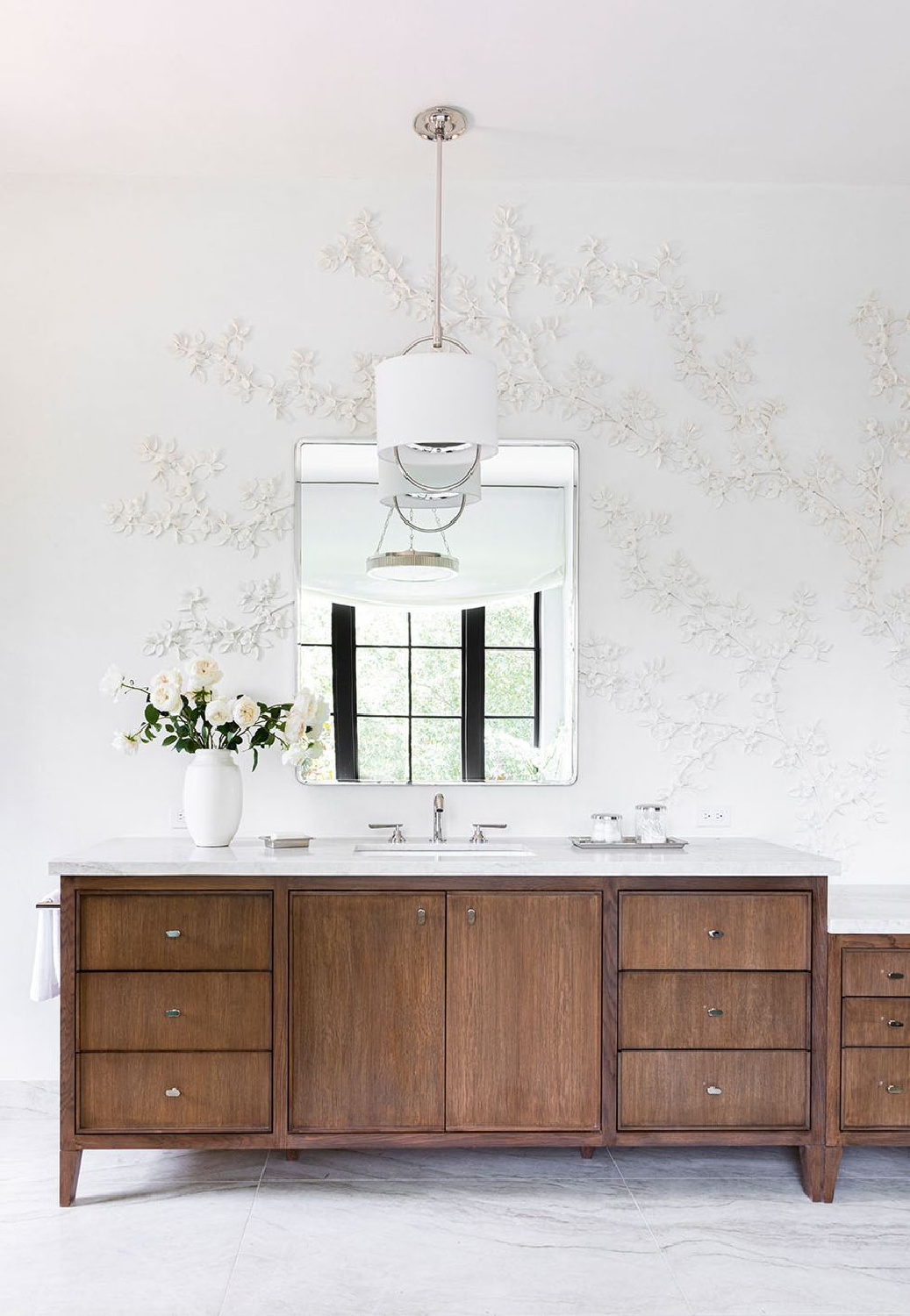 Segreto Finishes raised plaster design in a timeless bath in Marie Flanigan's THE BEAUTY OF HOME: Redefining Traditional Interiors (Gibbs Smith, 2020).