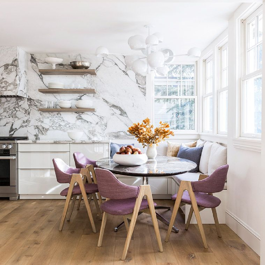 Luxurious bespoke breakfast nook with banquette in Marie Flanigan's THE BEAUTY OF HOME: Redefining Traditional Interiors (Gibbs Smith, 2020).