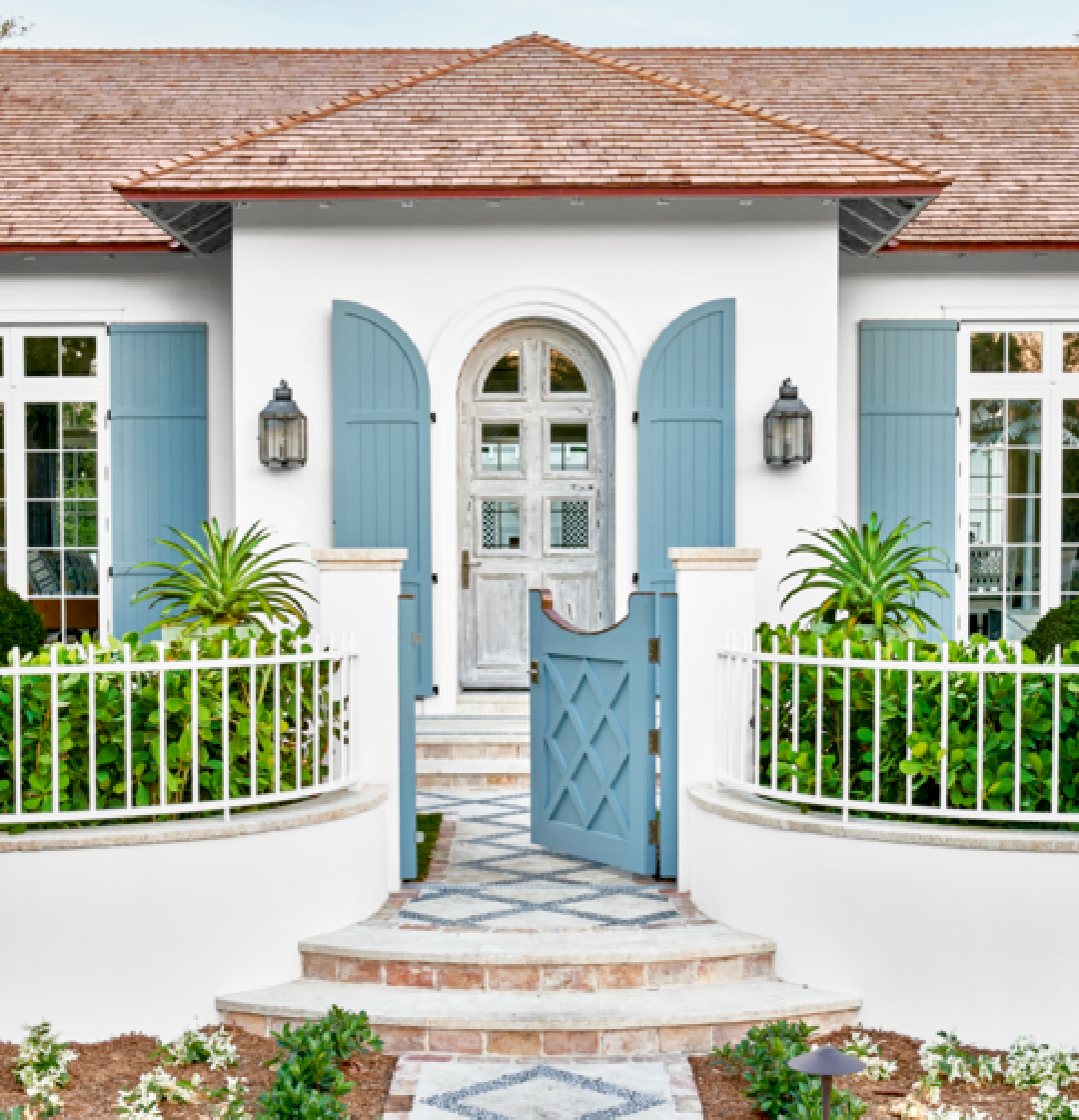 Benjamin Moore James River and White Ice on a lovely Palm Beach house (Phoebe Howard and Roger Patton Janssen) in Veranda.