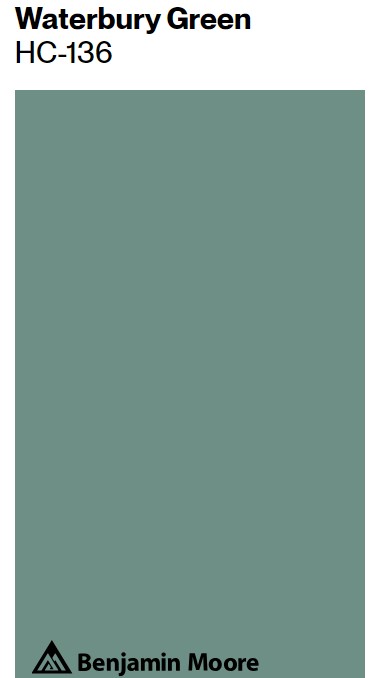 Benjamin Moore Waterbury Green paint color swatch. #benjaminmoorewaterburygreen
