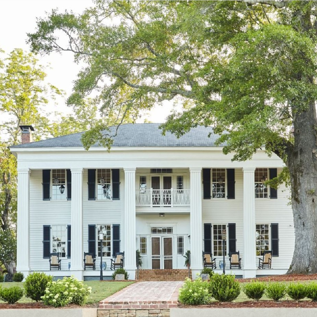 Beautiful white Southern home exterior - The Potted Boxwood.