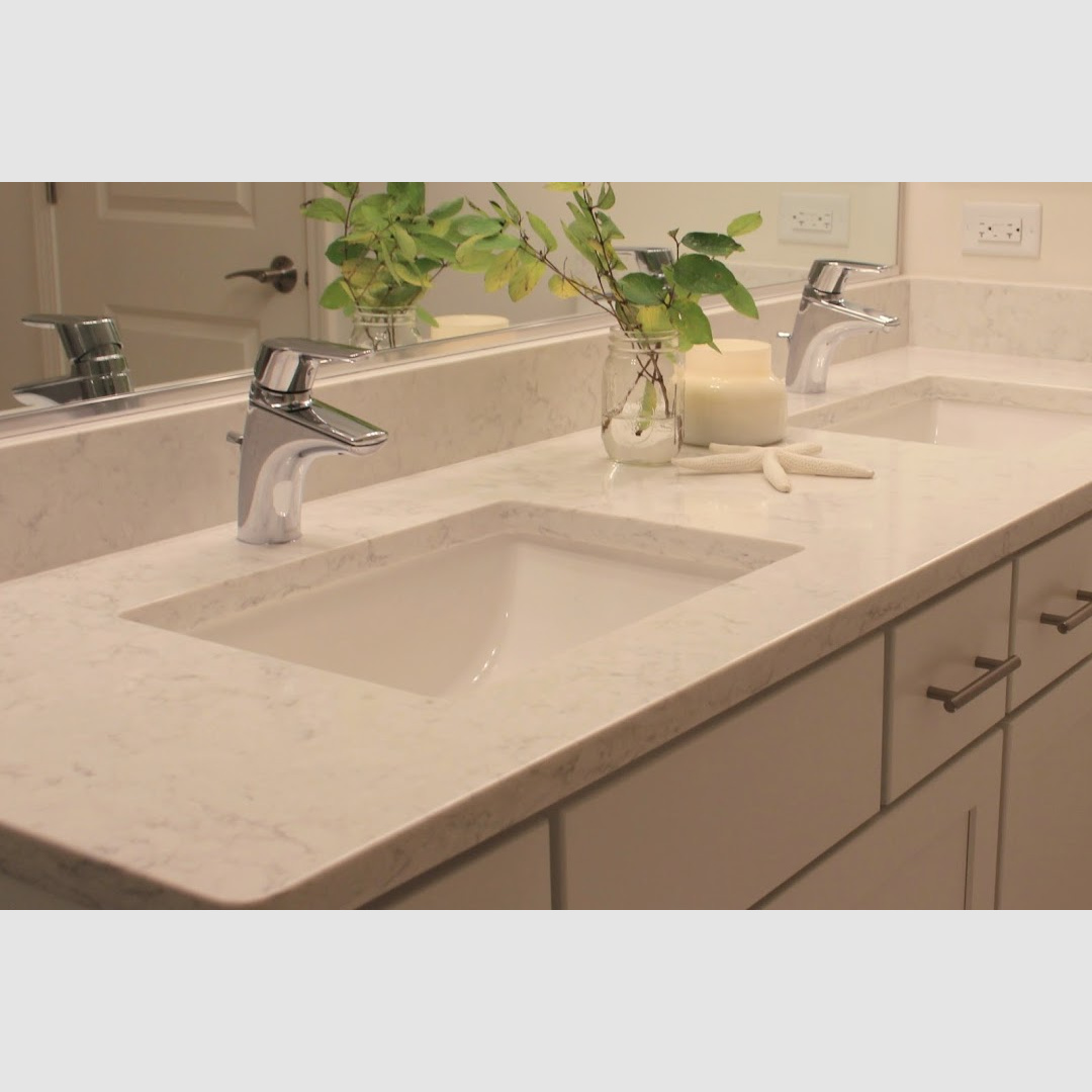 Minuet quartz (Viatera) in a bath with double vanities - Hello Lovely Studio.