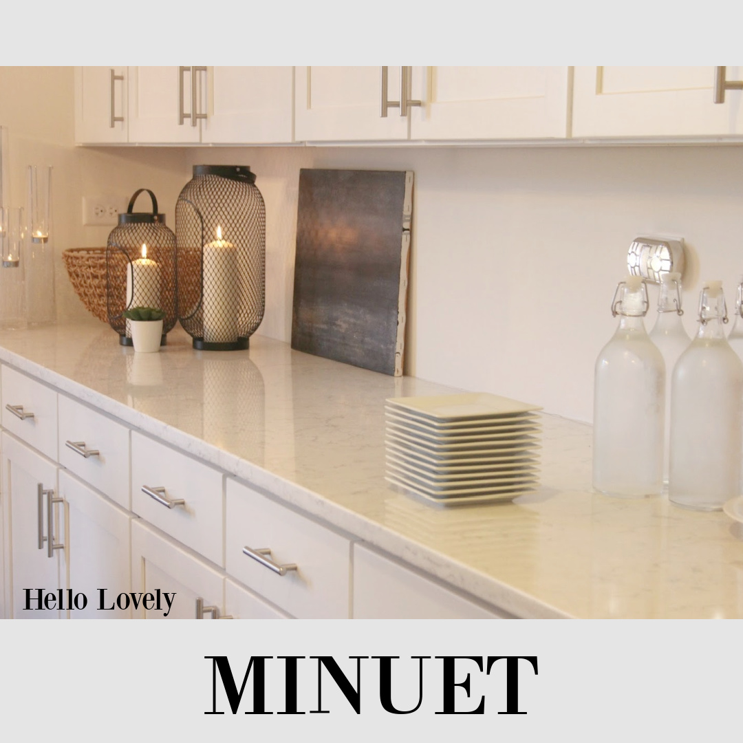 Minuet quartz (LXHausys Viatera)  in a white Shaker kitchen - Hello Lovely. #whitequartzcountertop #minuetquartz