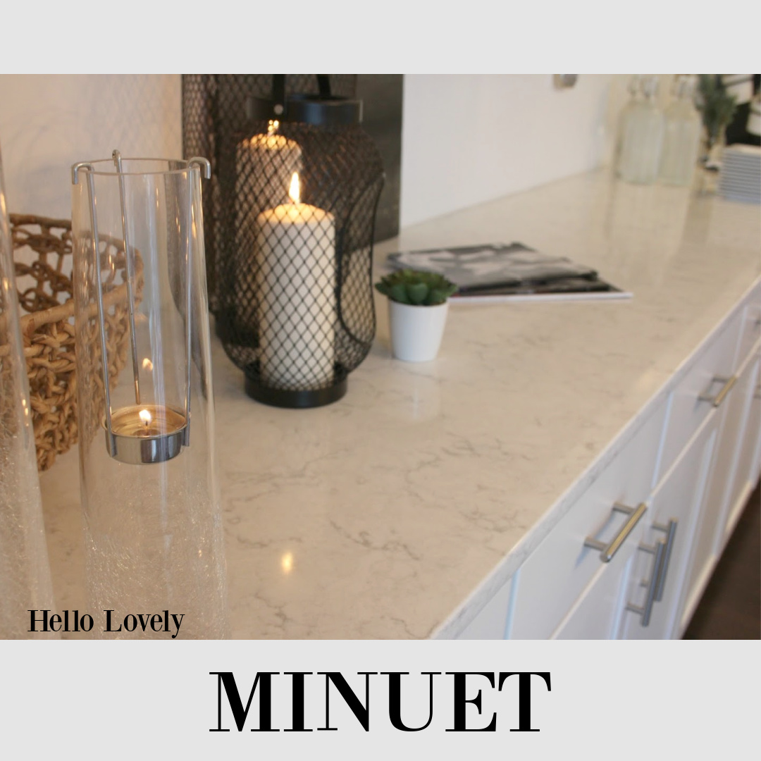 Minuet quartz (LXHausys Viatera) in a white Shaker kitchen - Hello Lovely. #whitequartzcountertop #minuetquartz