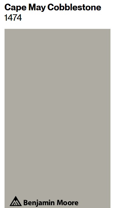Benjamin Moore Cape May Cobblestone 1474 (taupe gray) paint color swatch. #capemaycobblestone