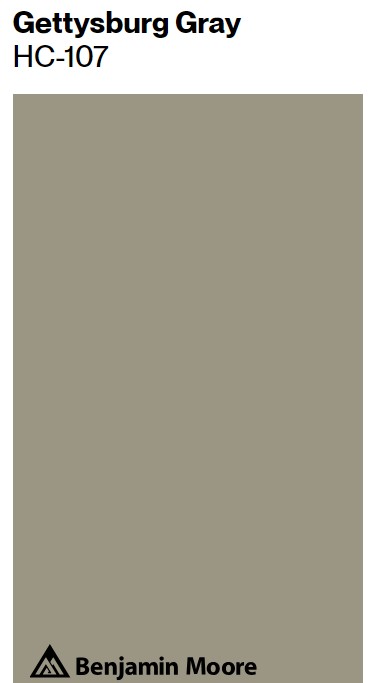 Benjamin Moore Gettysburg Gray paint color swatch. #benjaminmooregettysburggray #graypaintcolors #graygreencolor