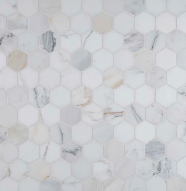 Calacatta Gold Marble 2" hex tile mosaic tile.