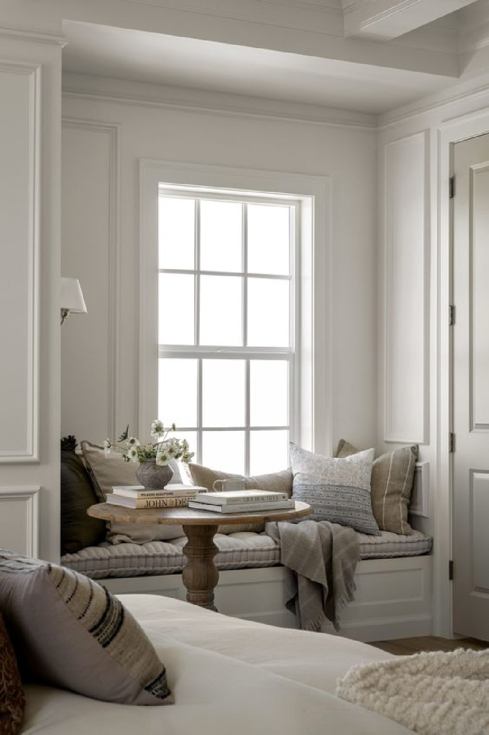 McGee and Co window seat and Pascall Dining Table. #cozynooks #windowseatdesign #europeancottage