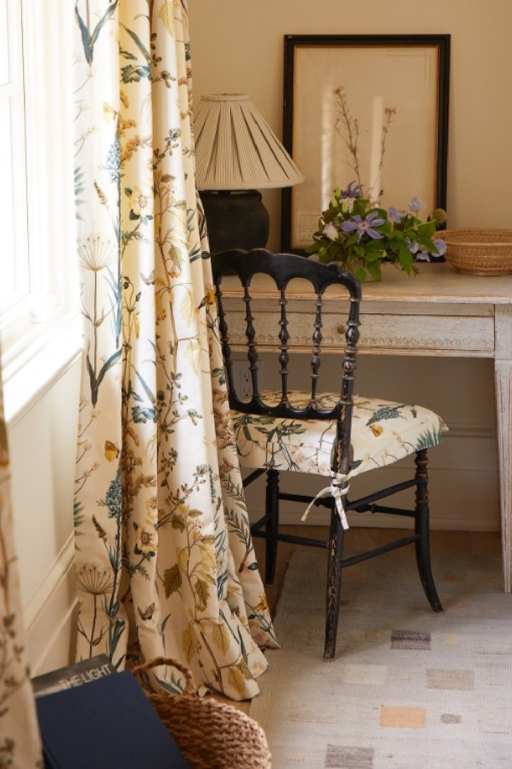 Lovely print on curtains and chair cushion. Timeless interior design by Shannon Bowers with nods to European antiques, patina, understated elegance, and sophisticated simplicity. #shannonbowers #timelessinteriors