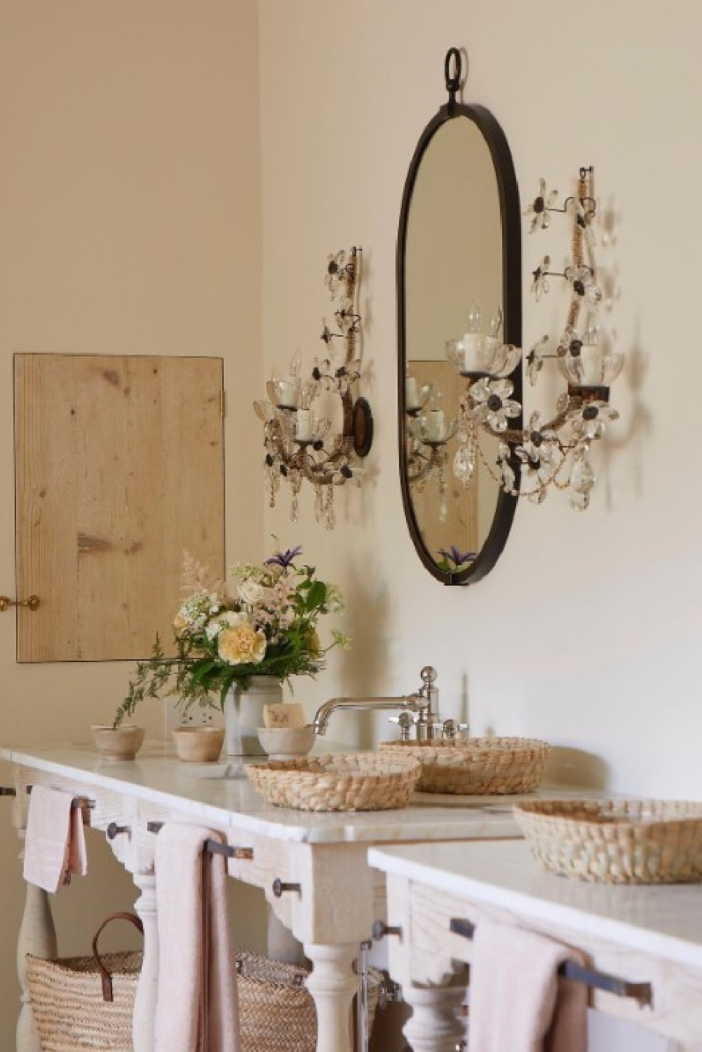 Exquisite his and hers antique drapers table vanities. Timeless interior design by Shannon Bowers with nods to European antiques, patina, understated elegance, and sophisticated simplicity. #shannonbowers #timelessinteriors