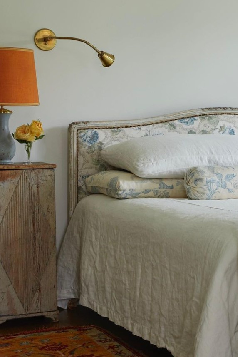 Serene bedroom with blue and peach. Timeless interior design by Shannon Bowers with nods to European antiques, patina, understated elegance, and sophisticated simplicity. #shannonbowers #timelessinteriors