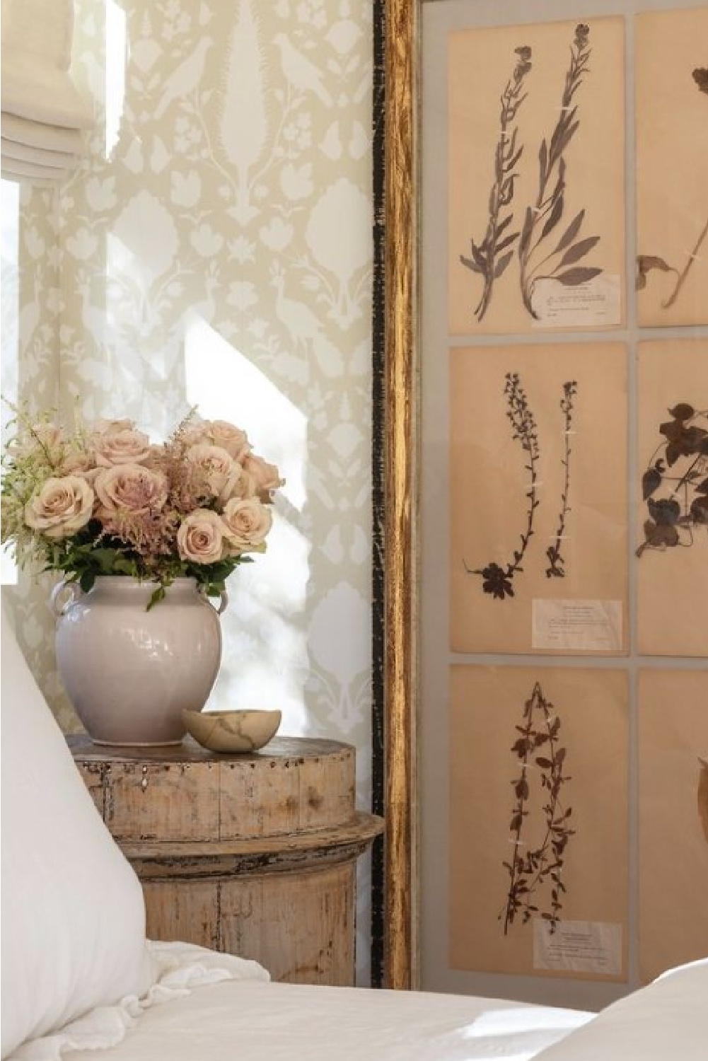 Guest bedroom with herbarium. Timeless interior design by Shannon Bowers with nods to European antiques, patina, understated elegance, and sophisticated simplicity. #shannonbowers #timelessinteriors