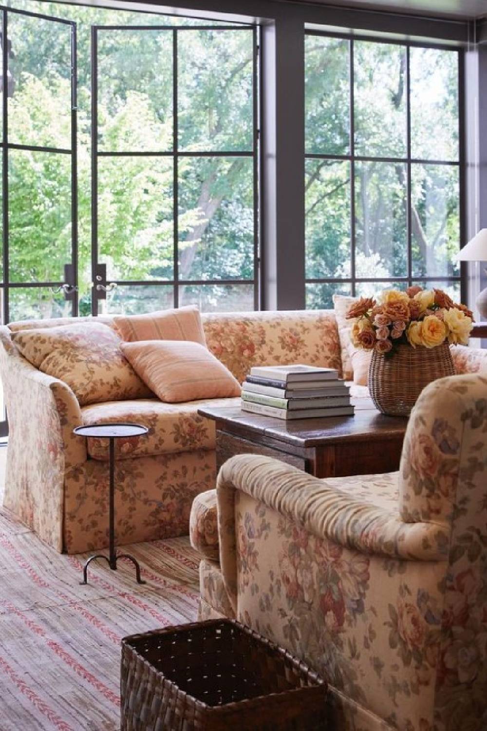Keeping room sofas with floral upholstery. Timeless interior design by Shannon Bowers with nods to European antiques, patina, understated elegance, and sophisticated simplicity. #shannonbowers #timelessinteriors