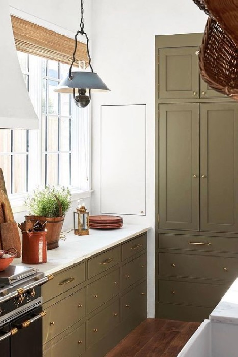 Green kitchen in Milieu Showhouse. Timeless interior design by Shannon Bowers with nods to European antiques, patina, understated elegance, and sophisticated simplicity. #shannonbowers #timelessinteriors