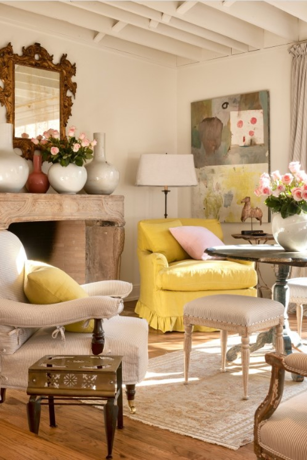 Pops of citron in a living room. Timeless interior design by Shannon Bowers with nods to European antiques, patina, understated elegance, and sophisticated simplicity. #shannonbowers #timelessinteriors