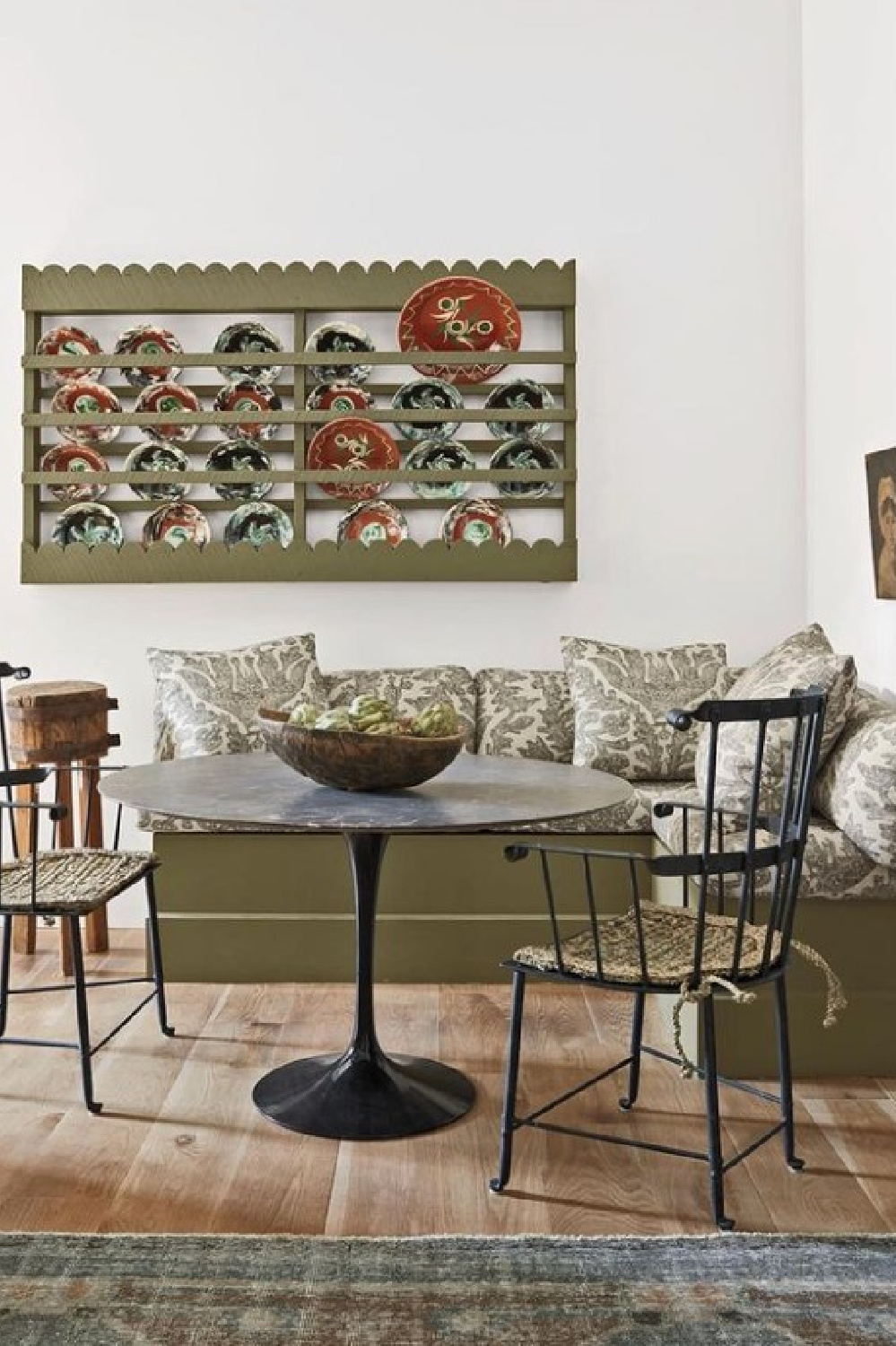 Green kitchen breakfast nook in a showhouse. Timeless interior design by Shannon Bowers with nods to European antiques, patina, understated elegance, and sophisticated simplicity. #shannonbowers #timelessinteriors