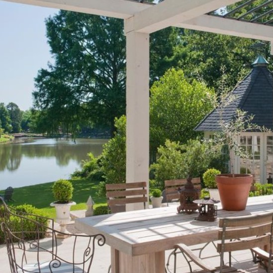 Beautiful covered patio. Timeless interior design by Shannon Bowers with nods to European antiques, patina, understated elegance, and sophisticated simplicity. #shannonbowers #timelessinteriors