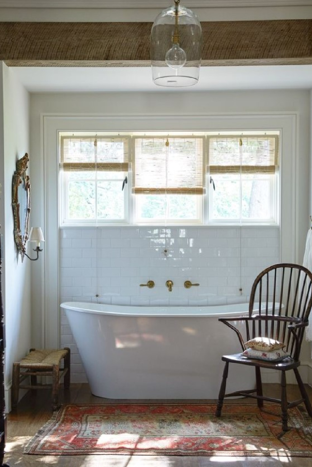 Old World bath with soaking tub. Timeless interior design by Shannon Bowers with nods to European antiques, patina, understated elegance, and sophisticated simplicity. #shannonbowers #timelessinteriors