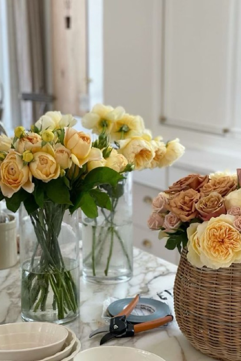 Assorted roses in the kitchen. Timeless interior design by Shannon Bowers with nods to European antiques, patina, understated elegance, and sophisticated simplicity. #shannonbowers #timelessinteriors