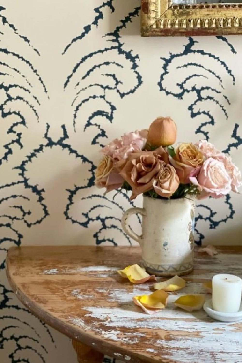 Pink roses in a powder bath. Timeless interior design by Shannon Bowers with nods to European antiques, patina, understated elegance, and sophisticated simplicity. #shannonbowers #timelessinteriors