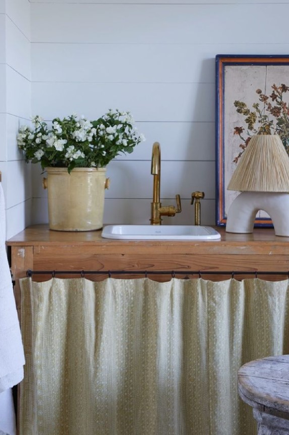 Skirted sink. Timeless interior design by Shannon Bowers with nods to European antiques, patina, understated elegance, and sophisticated simplicity. #shannonbowers #timelessinteriors