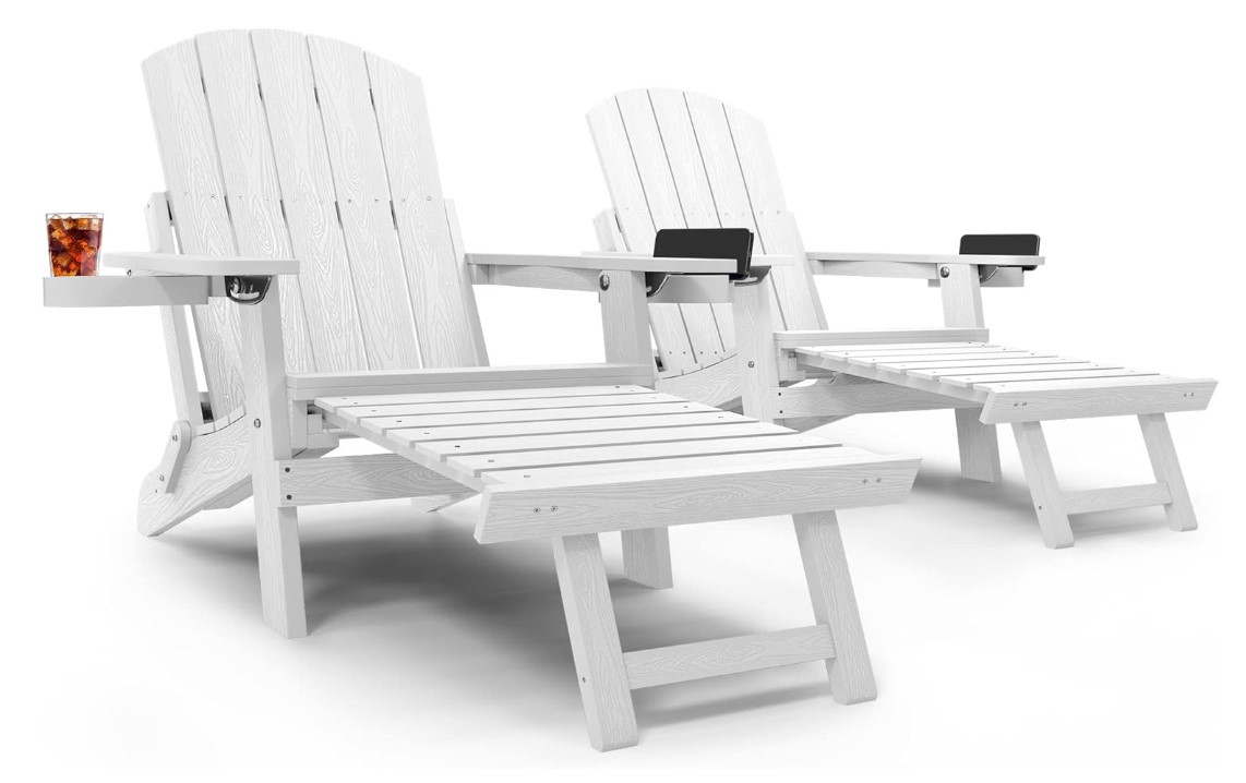 White Adirondack Chair Set of 2 - recline, foldable, retractable ottoman, cup holders...they do it all. #adirondackchairs #adirondackchaise #recliningadirondackchair