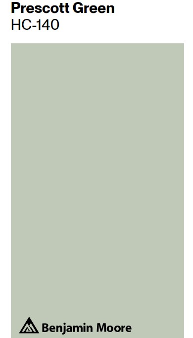 Benjamin Moore Prescott Green paint color swatch. #benjaminmooreprescottgreen #frenchgreen #sagegreenpaintcolors