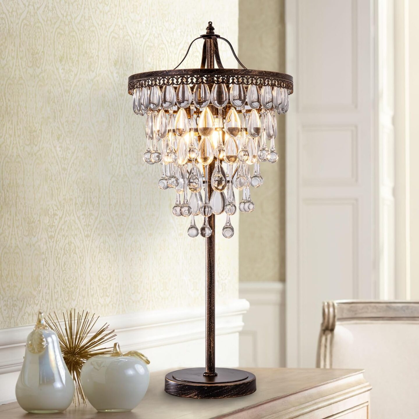 Crystal chandelier table lamp with bronze, Amazon. #crystallamps