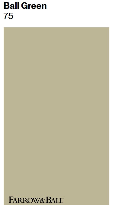 Farrow & Ball No. 75 Ball Green paint color swatch. #farrowandballballgreen #ballgreen