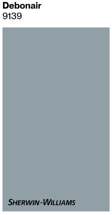 Sherwin Williams Debonair 9139 blue grey paint color swatch. #sherwinwilliamsdebonair #bluegreyaesthetic