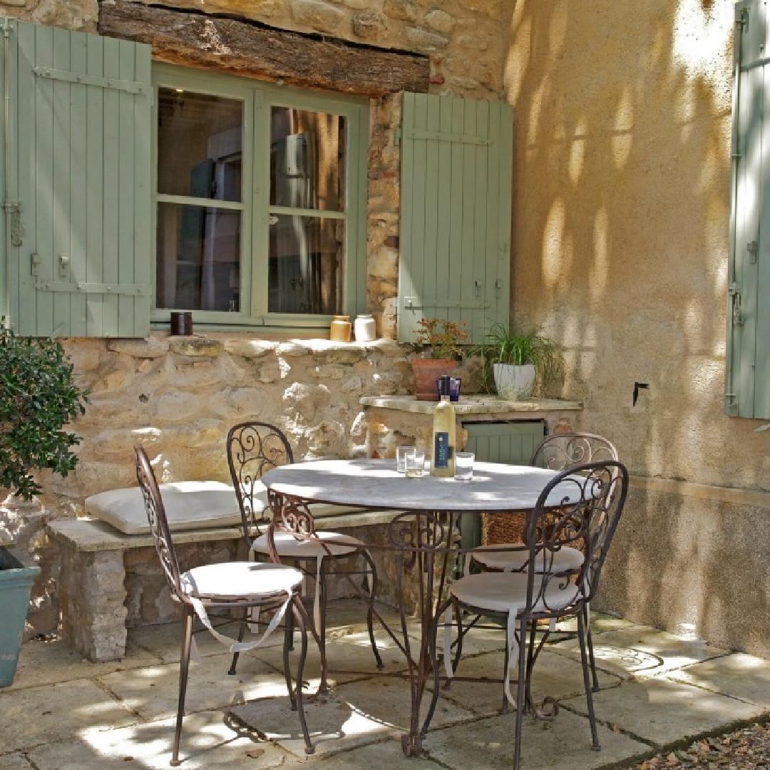 French green shutters on a charming Provence farmhouse with Old World style gardens and interiors - Bonnieux Villa (Your Haven in Paris).