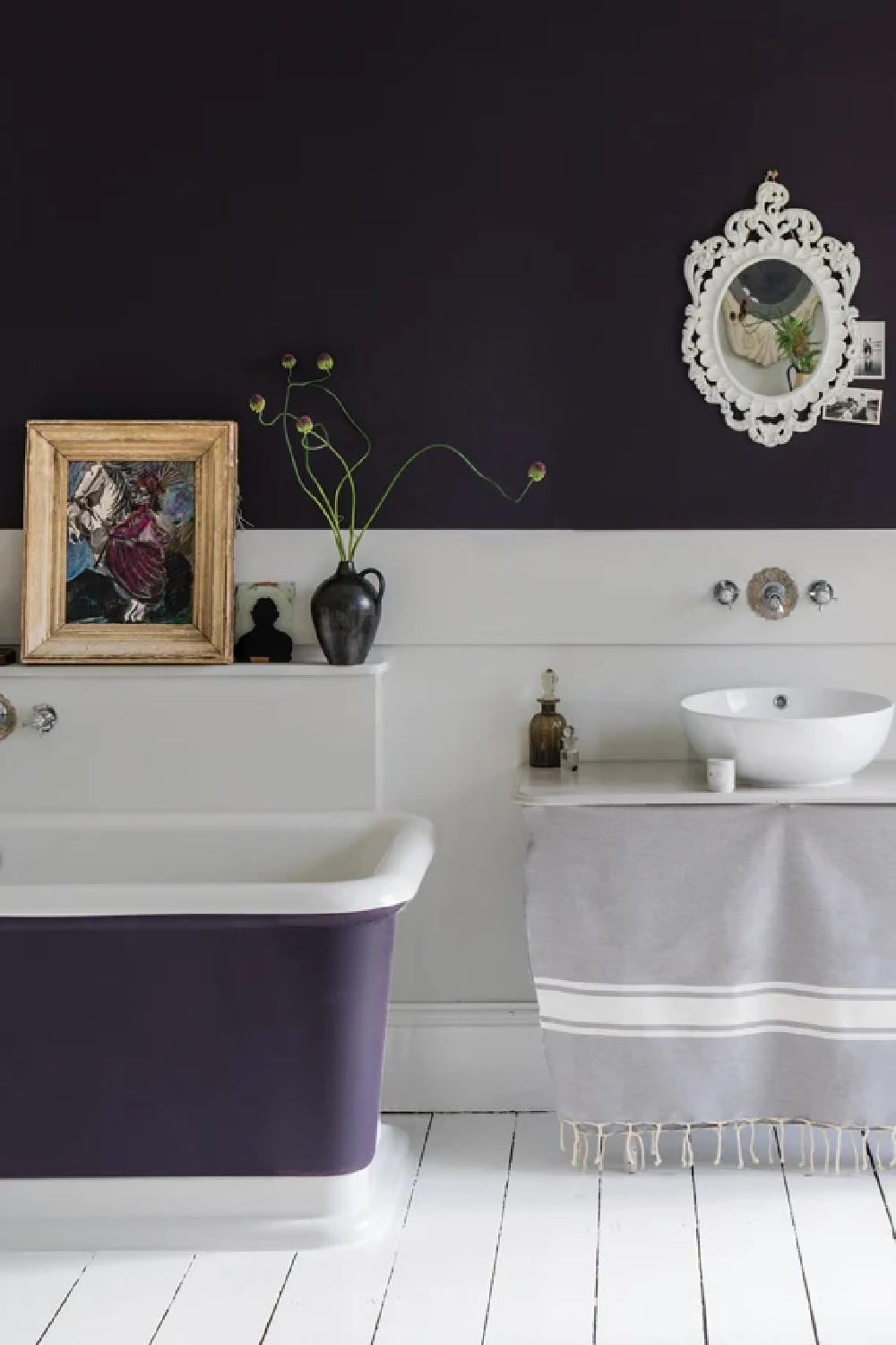Wimborne White (Farrow & Ball) in a bath with white wood floors and black. #farrowandballwimbornewhite