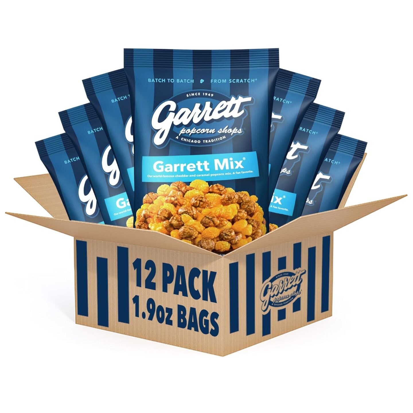 Bags of Garett popcorn 12-pack in a box. #garrettpopcorn #chicagopopcorn