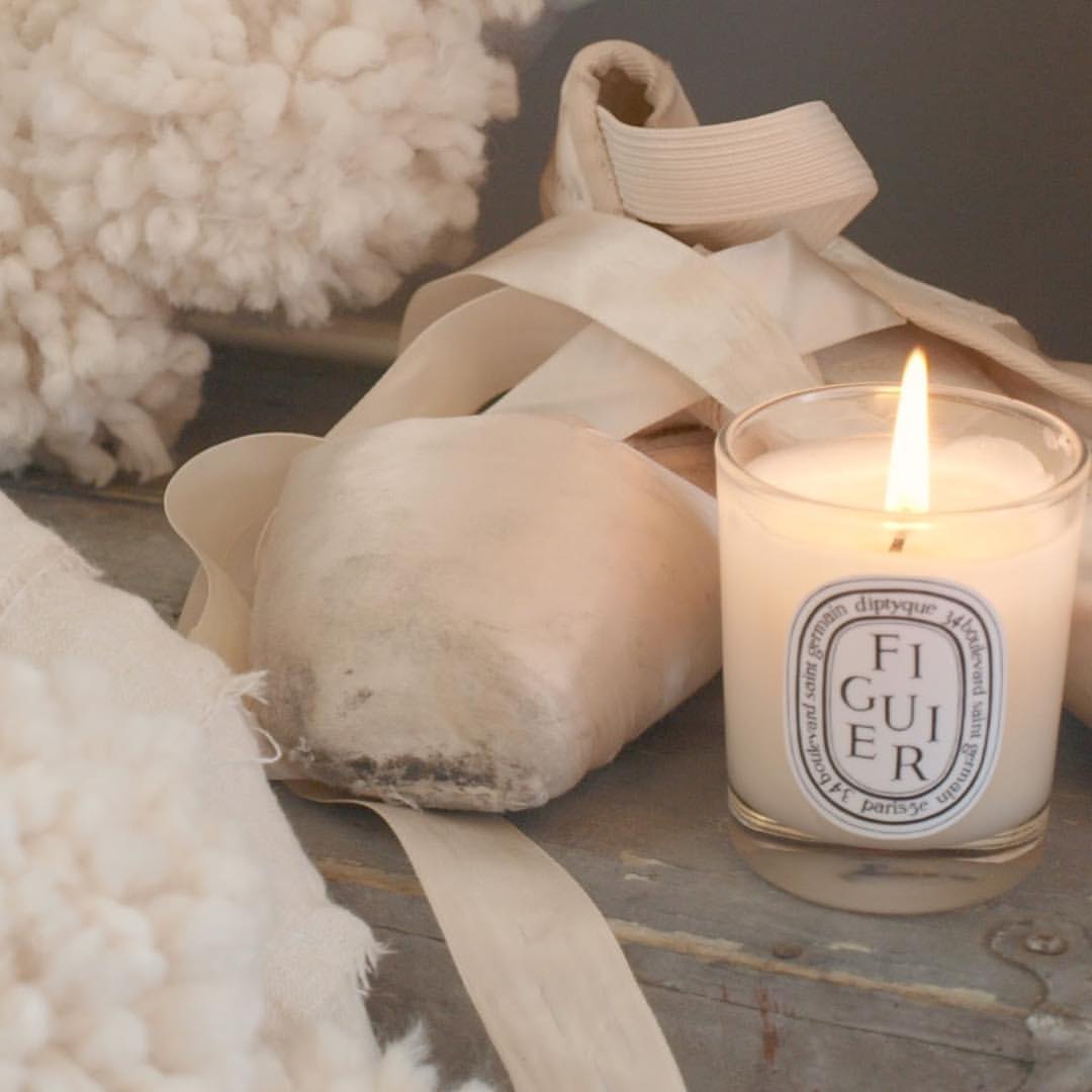 Hello Lovely's gentle holiday vignette with Figuier (Diptyque) and European pink pointe shoe.