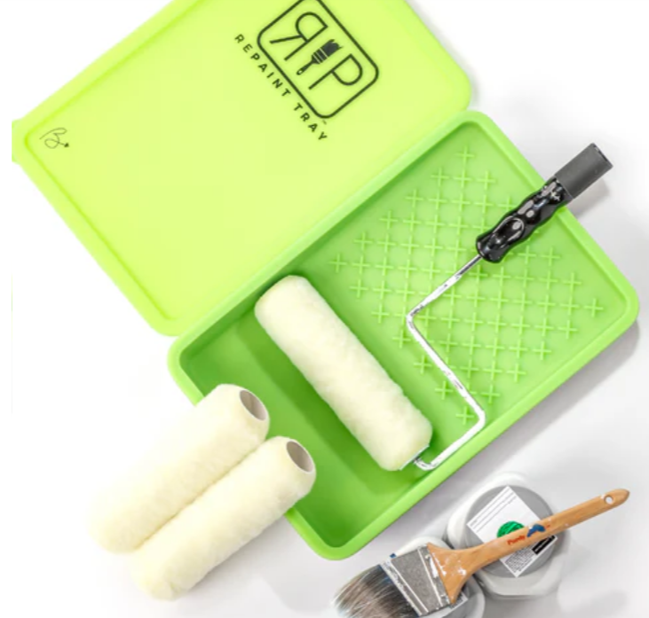 The best reuseable paint tray, silicone liner, and lid to solve the headaches of cleanup and waste! So smart and sustainable from Repaint Studios. #paintsupplies #painttrays