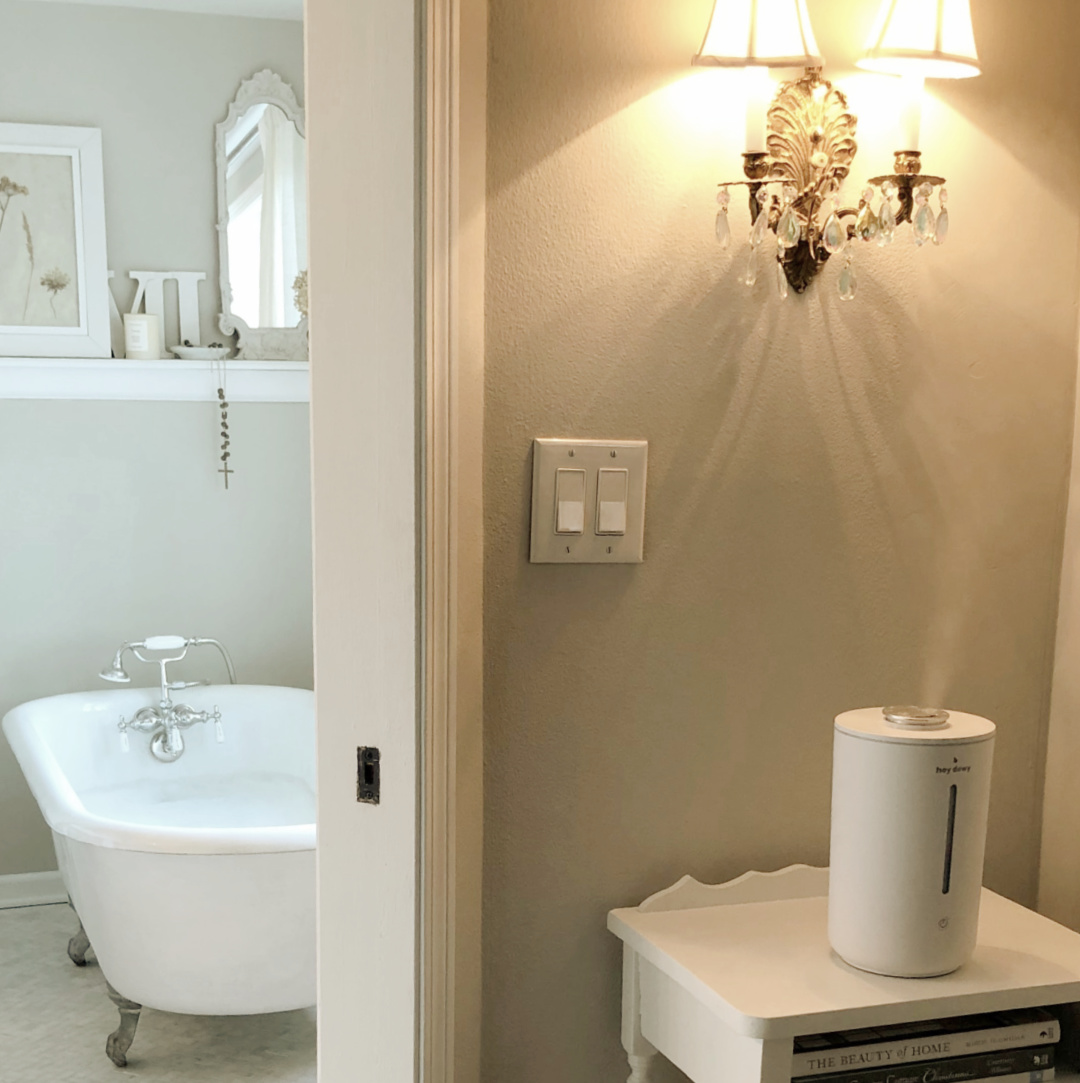 Hello Lovely's renovated bath and bedroom (Sherwin-Williams Repose Gray). Humidifier is Hey Dewy.