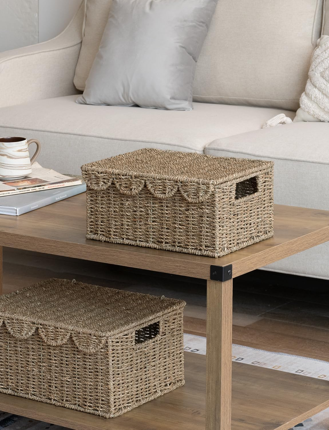 Scalloped edge lid on seagrass storage baskets in a living room. #wickerbaskets #seagrassbaskets